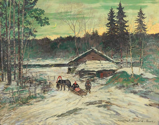 Hunting scene painting of a man talking with a woman in a sleigh - Konstantin Alexeïevitch Korovine — artwork view