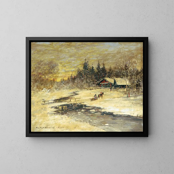 Sleigh on a bridge at sunset - Konstantin Alexeïevitch Korovine — framed artwork on a wall