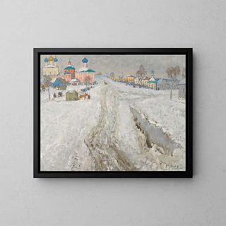 Russian city under the snow - Konstantin Ivanovich Gorbatov — framed artwork on a wall