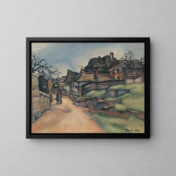 Maisons dans le village avec une peinture figurative - Konstantin Bauer — framed artwork on a wall
