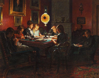 Family Portrait Painting by the Lamp Light - Kristian Zahrtmann — artwork view