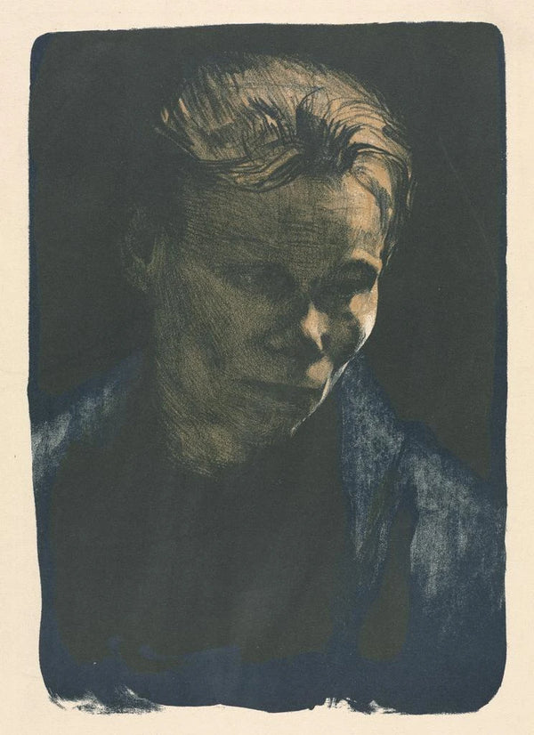 Woman at work with blue shawl - Käthe Kollwitz — framed artwork on a wall