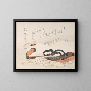 Belt and fan on a piece of fabric - Kubo Shunman — framed artwork on a wall