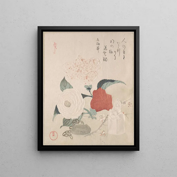 Camellia Flowers Painting, a netsuke, and a seal - Kubo Shunman — framed artwork on a wall