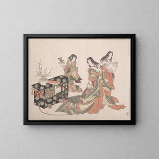 Dames de cour traînant un cabinet sur le sol - Kubo Shunman — framed artwork on a wall