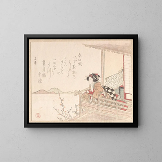 Courtesan leaning on the balustrade of a veranda - Kubo Shunman — framed artwork on a wall