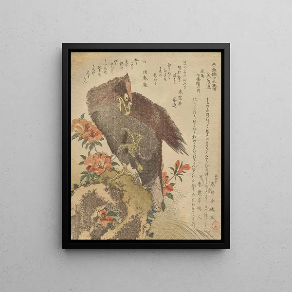 Eagle with a raised greenhouse on a rock near a rhododendron bush - Kubo Shunman — framed artwork on a wall