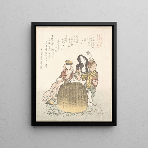 Fisherwoman with a basket and two boys - Kubo Shunman — framed artwork on a wall