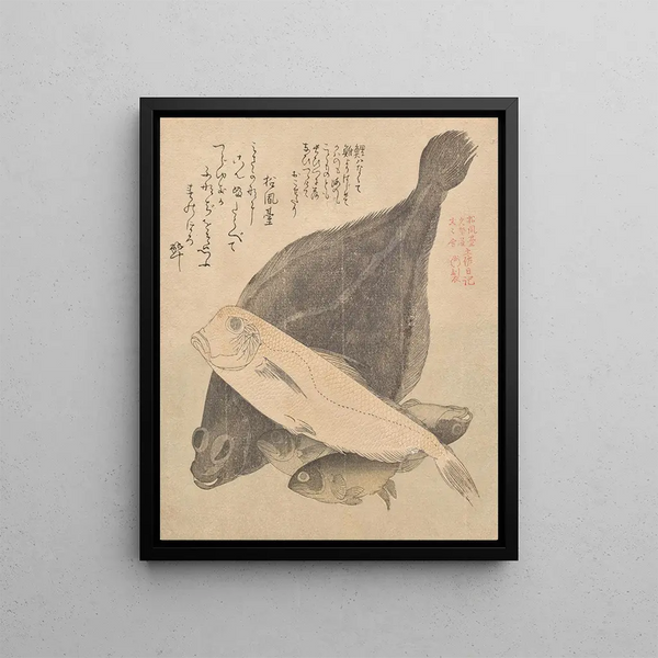 the Fish tile painting with flounder and three carp from the Tosa Diary series Tosa nikki - Kubo Shunman — framed artwork on a wall