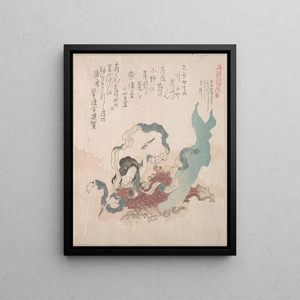 Girl in the form of a deity beating a drum - Kubo Shunman — framed artwork on a wall
