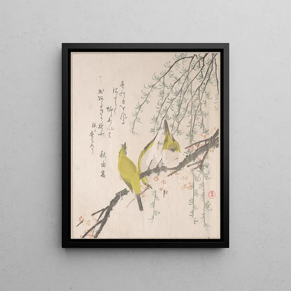 White Japanese Eyes with Plum Blossom and Willow from the album Spring Rain Surimono Harusame surimonoj vol. 3 - Kubo Shunman — framed artwork on a wall