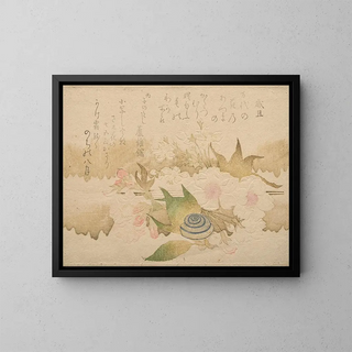 Poems of the New Year, snail and cherry blossoms - Kubo Shunman — framed artwork on a wall