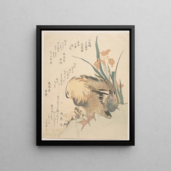 Pair of Mandarin Ducks and Iris Flowers 2 - Kubo Shunman — framed artwork on a wall