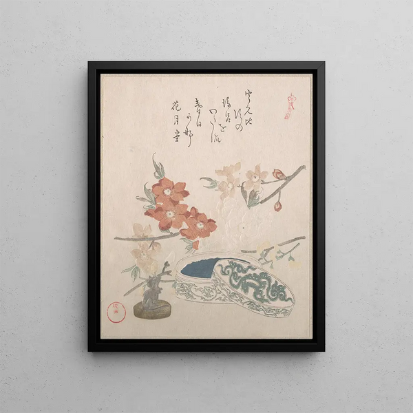 Cherry Blossom Flowers, a bucket and a bucket box - Kubo Shunman — framed artwork on a wall