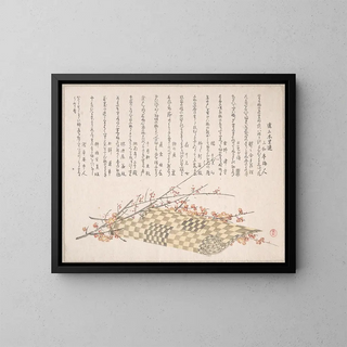 Prunus branches with flowers and a rolled-up carpet - Kubo Shunman — framed artwork on a wall