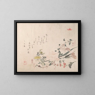 Rose, iris, primrose and daisy - Kubo Shunman — framed artwork on a wall