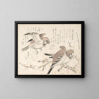 Sparrows and Plum Blossoms - Kubo Shunman — framed artwork on a wall