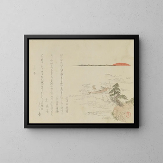 Sunrise with a Fisherman in a Boat - Kubo Shunman — framed artwork on a wall