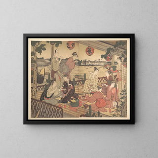 Two young men and several women dining in a teahouse by the Sumida River - Kubo Shunman — framed artwork on a wall