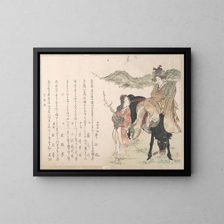 Young woman on the back of a horse accompanied by a driver - Kubo Shunman — framed artwork on a wall