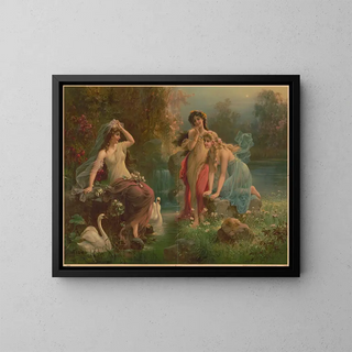 Three Nymphs with Swans - Kunstanstalten AG — framed artwork on a wall
