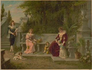 Femme, homme et enfants sur un banc dans un jardin - Kunstanstalten AG — artwork view