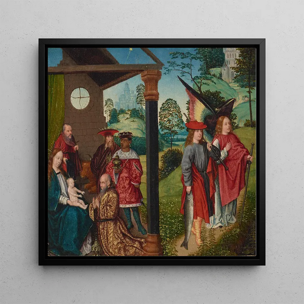 L'Adoration of the Magi with Tobias and the Angel - Jan Provoost — framed artwork on a wall
