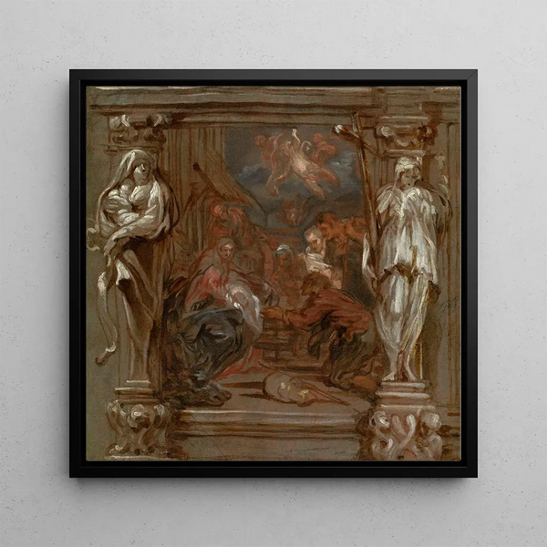 L'Adoration des bergers - Lucas Franchoys le Jeune — framed artwork on a wall