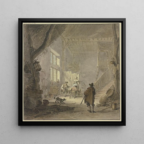 L interior of a house, at the window, two men and a woman in the foreground, a man seen from behind - Hendrik Meyer — framed artwork on a wall