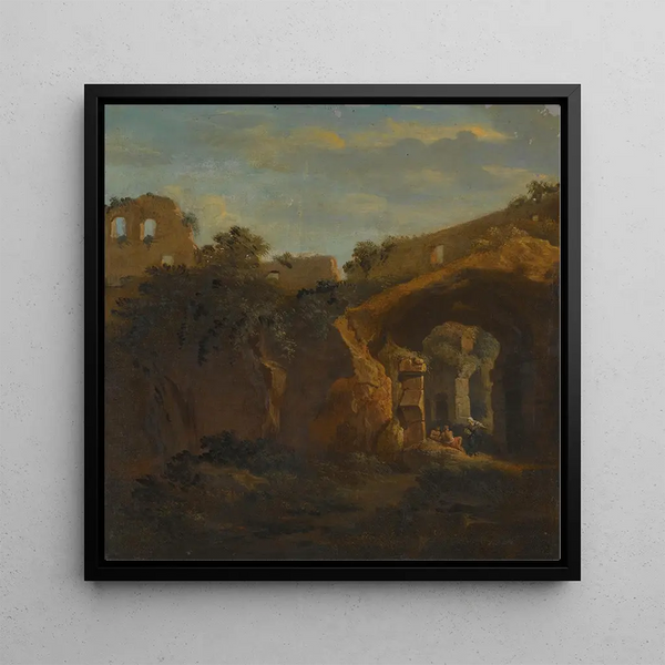 L interior of the Colosseum with figures resting under an arch - Jan Frans Van Bloemen — framed artwork on a wall
