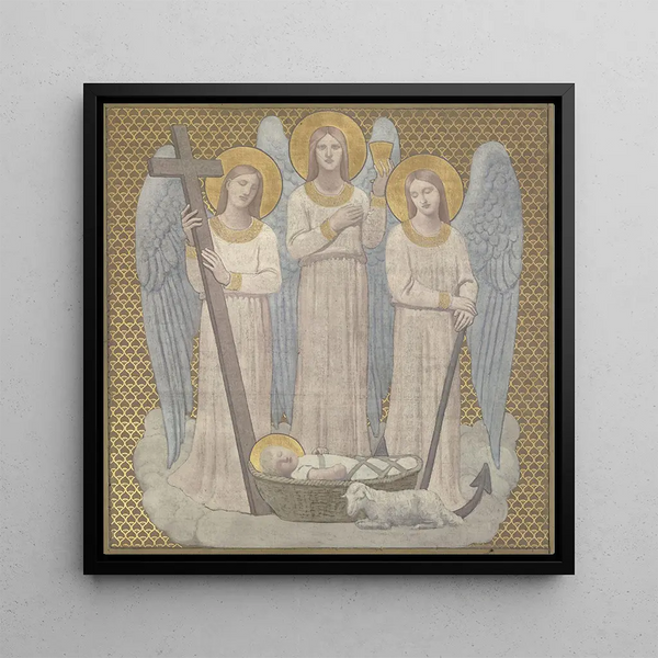 La Foi, l'Espérance et la Charité veillant sur sainte Geneviève au berceau - Pierre Puvis de Chavannes — framed artwork on a wall