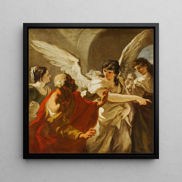 The Flight of Lot - Giovanni Antonio Pellegrini — framed artwork on a wall