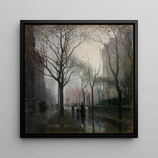 La Plaza après la pluie - Paul Cornoyer — framed artwork on a wall