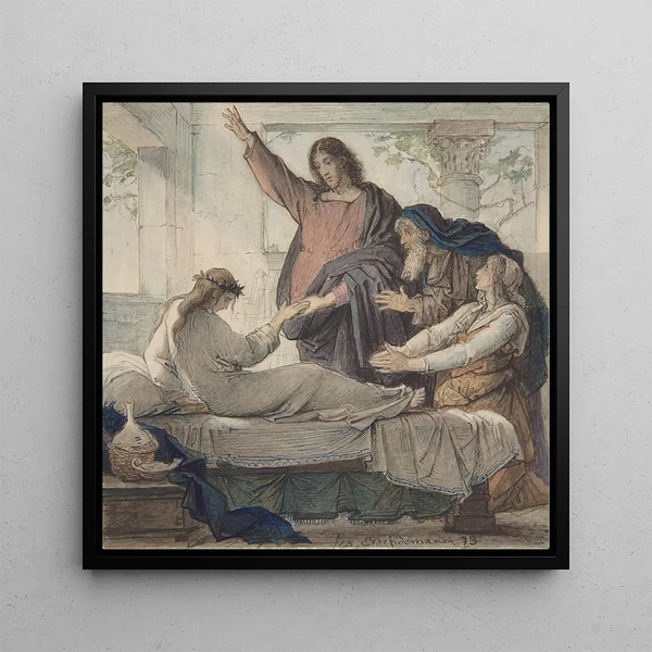 The Resurrection of Jairus's Daughter - Eduard Julius Friedrich Bendemann — framed artwork on a wall