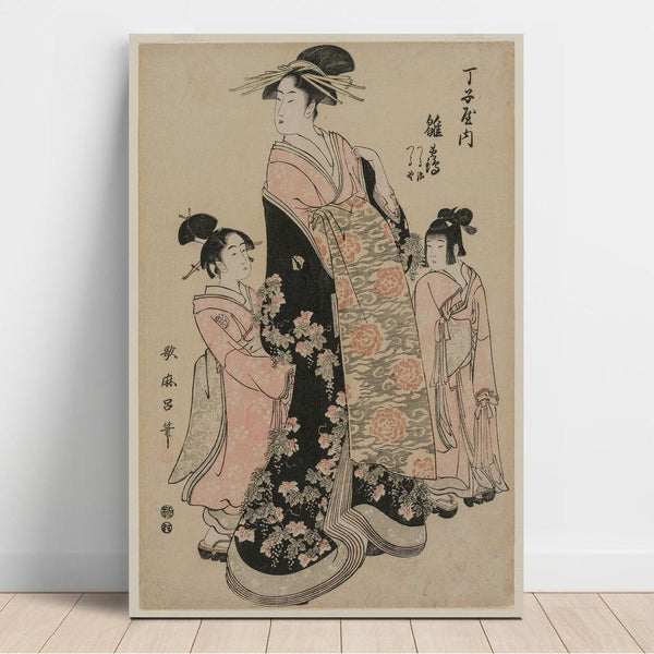 Reproduction of the painting La courtisane Hinazuru de Chojiya avec ses suivantes Tsuruji et Tsuruno - Kitagawa Utamaro