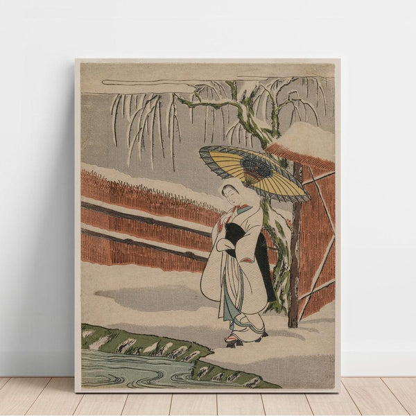 Reproduction of the painting La jeune fille au héron debout sous un saule - Suzuki Harunobu