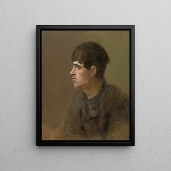 a half-figure of a young man in profile - Ladislav Mednyánszky — framed artwork on a wall