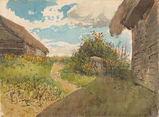 Landscape painting between hay barns - Ladislav Mednyánszky — artwork view