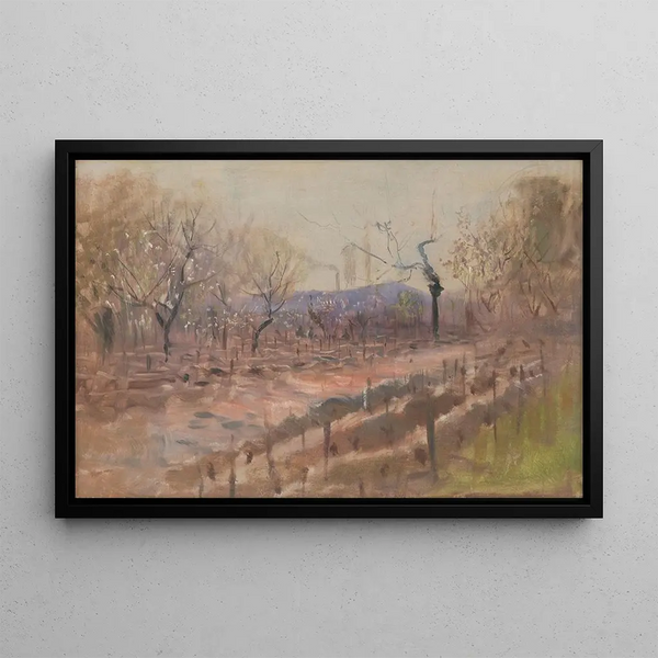 Spring Landscape Painting in an Orchard - Ladislav Mednyánszky — framed artwork on a wall