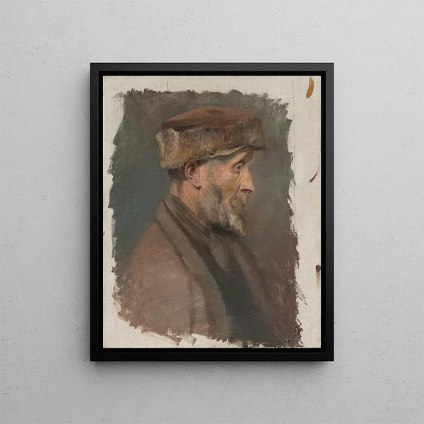 Study of a Poor Old Man Wearing a Fur Hat - Ladislav Mednyánszky — framed artwork on a wall