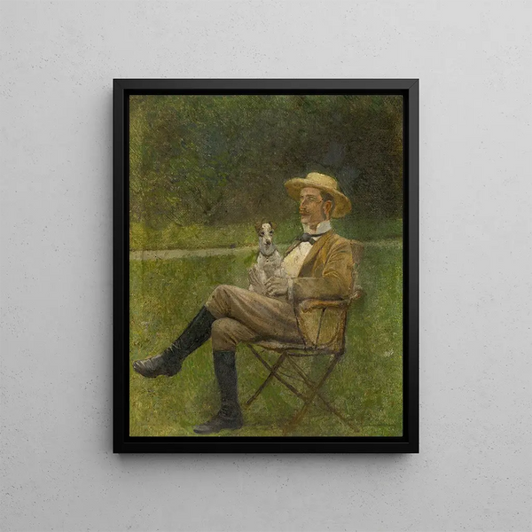 Study of a seated man with a dog - Ladislav Mednyánszky — framed artwork on a wall
