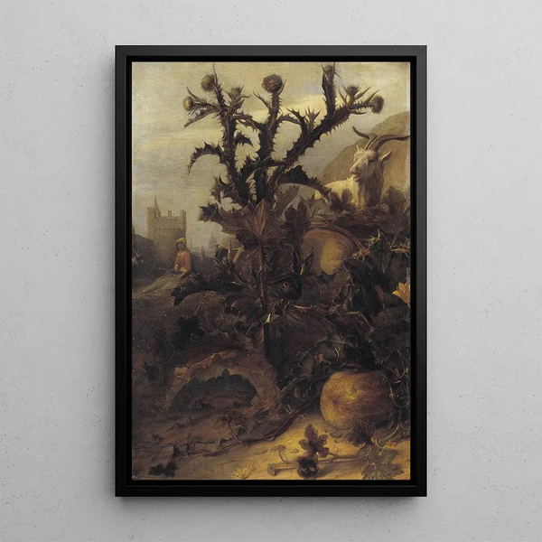 Chardon, citrouille et une chèvre - Lambert Doomer — framed artwork on a wall