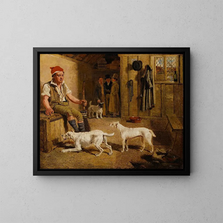 an interior scene with a servant and hunting Jack Russell terriers - Lambert Marshall — framed artwork on a wall