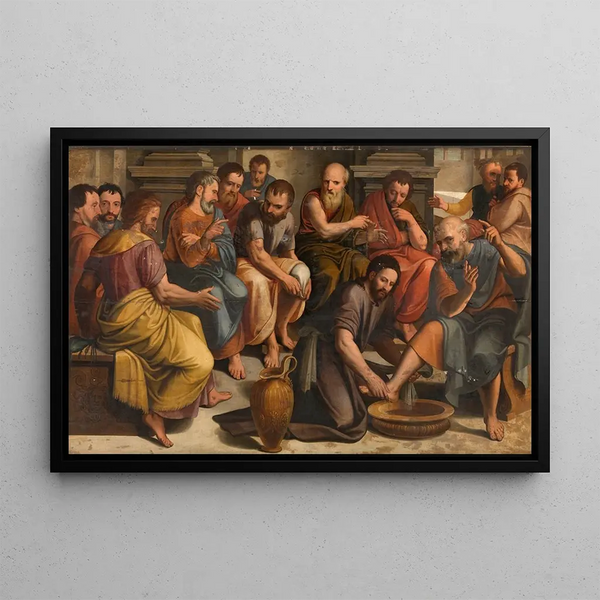 The Christ washing the feet of the apostles - Lambert van Noort — framed artwork on a wall