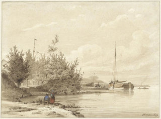 Landscape with Docked Boats on a Riverbank - Lambertus Hardenberg — artwork view