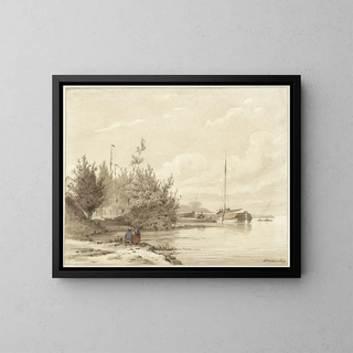Landscape with Docked Boats on a Riverbank - Lambertus Hardenberg — framed artwork on a wall