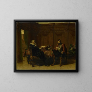 Two men in an interior from the 17th century titled A conference - Lambertus Lingeman — framed artwork on a wall