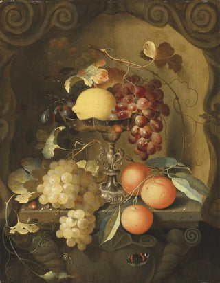 Laurens Craen - Grapes and a lemon on a tazza with oranges on a ledge in a sculpted stone niche.webp