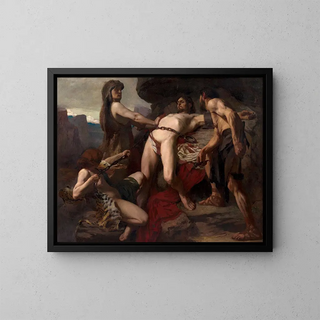 Vulcan painting chains Prometheus to the peaks of the Caucasus - Laurent Jacquot Defrance — framed artwork on a wall