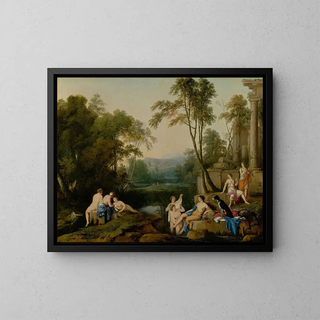 Diane et ses nymphes dans un paysage - Laurent de La Hyre — framed artwork on a wall